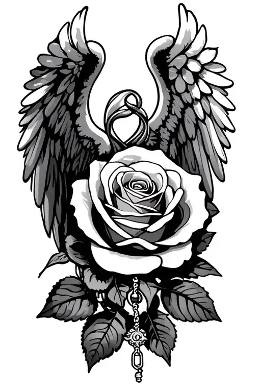 rose, rosary, grandma, angel wings tattoo design idea