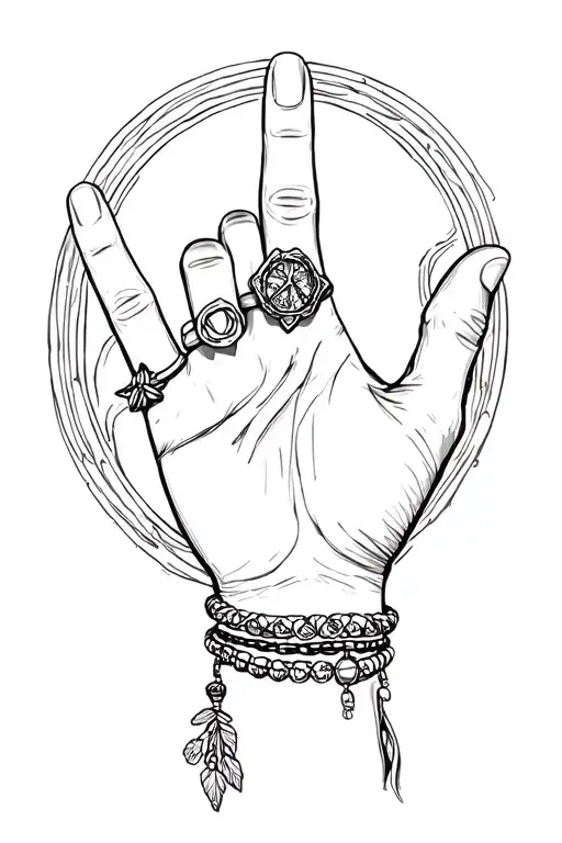 Peace sign hand with bracelets and rings — bohemian, youthful vibe. tattoo design idea