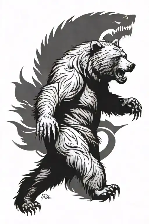 The bear walks forward, bares his teeth, preparing to attack with his paw extended forward with claws. tattoo design idea