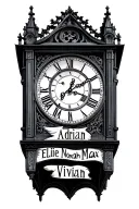"Adrian Ellie Noah Max Vivian"  Grandfather clock tower tattoo design idea