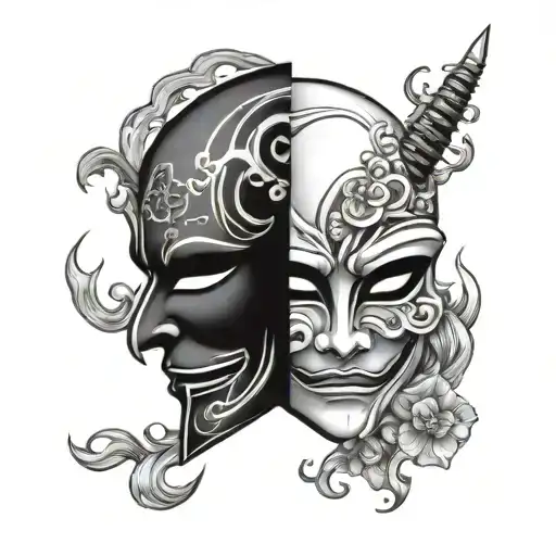 gemini japanese mask split in half tattoo design idea