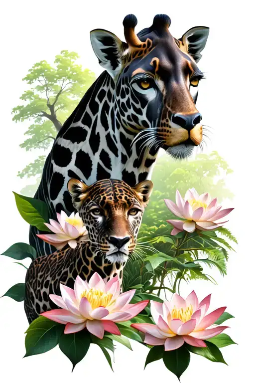 panther and giraffe surrounded by lotus flowers and trees  tattoo design idea