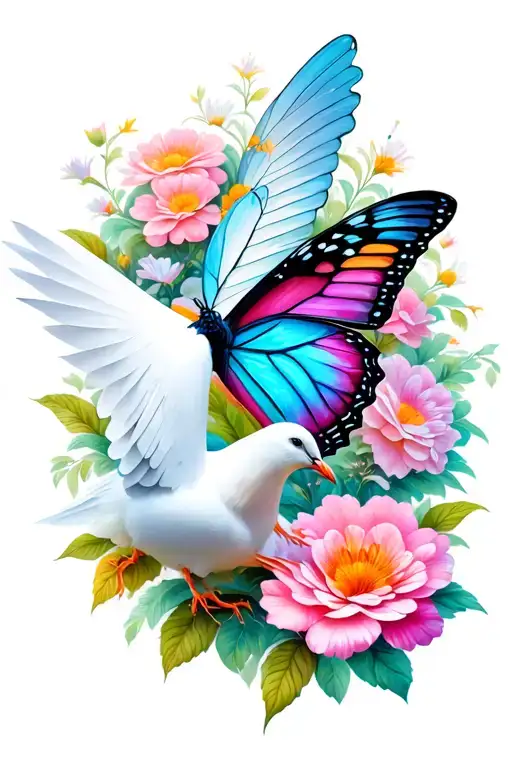 butterfly with flowers and dove tattoo design idea