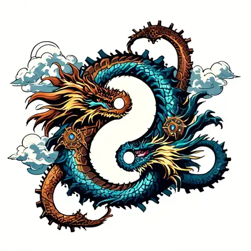 yin and yang dragons intertwined in the middle, steampunk, clouds and gears, back to arms tattoo design idea