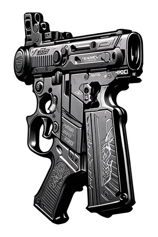 one gun that is a combination of the lancer from Gears of War, Assault Rifle from Halo, and the Super Shotgun from Doom tattoo design idea
