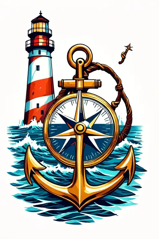 compass with anchor beside a lighthouse tattoo design idea