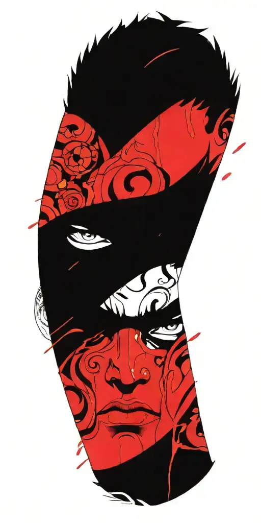 male anime character wearing oni mask fighting off inner demons with a sword tattoo design idea