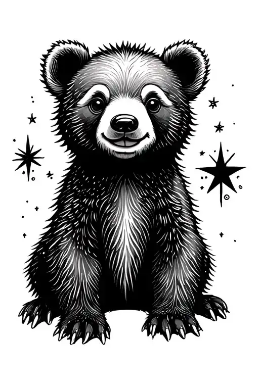 cute bear cub and north star tattoo design idea