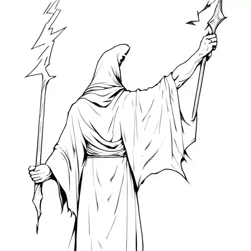 Wizard from straight behind. Like a rockstar, holding staff up left arm. Lightning strikes STAFF. Right arm DOWN. tattoo design idea
