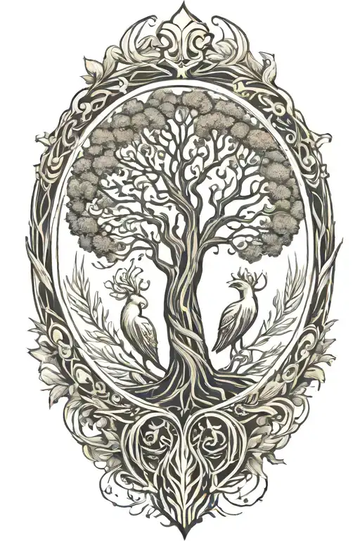 Tree of life, Baldur tattoo in the center, underneath a phoenix rising from the ashes tattoo design idea