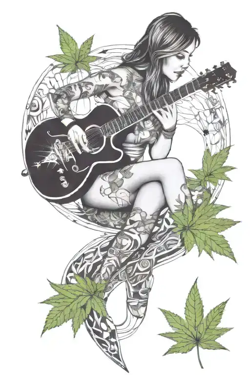 a woman playing a guitar made of arrowheads, with marijuana plants growing out of it and vining its way around her tattoo design idea