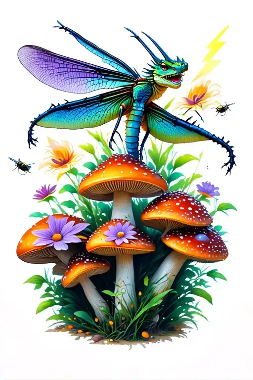green, purple, and blue dragon fly perched on a group of psychedelic mushrooms with flowers and lightning bugs and littl tattoo design idea