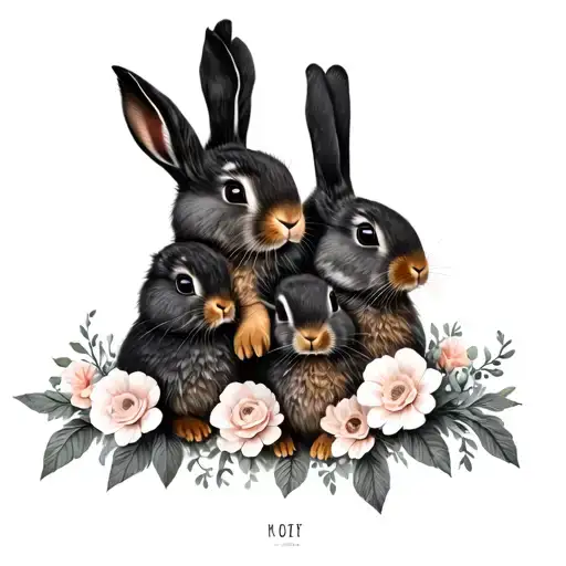 family of 5 bunnies with flowers around tattoo design idea