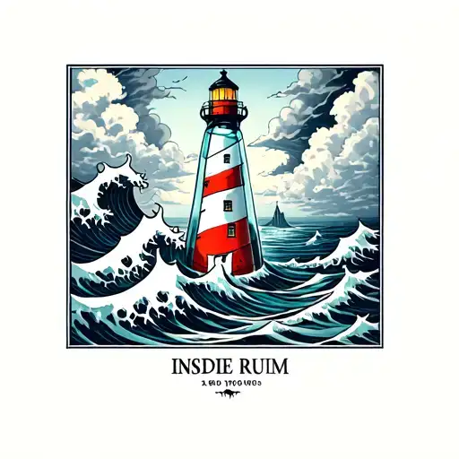 lighthouse inside a rum bottle with japanese style waves breaking around it and storm clouds above it tattoo design idea