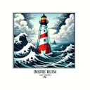 lighthouse inside a rum bottle with japanese style waves breaking around it and storm clouds above it tattoo design idea