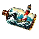 lighthouse inside a rum bottle with japanese style waves breaking around it and storm clouds above it tattoo design idea