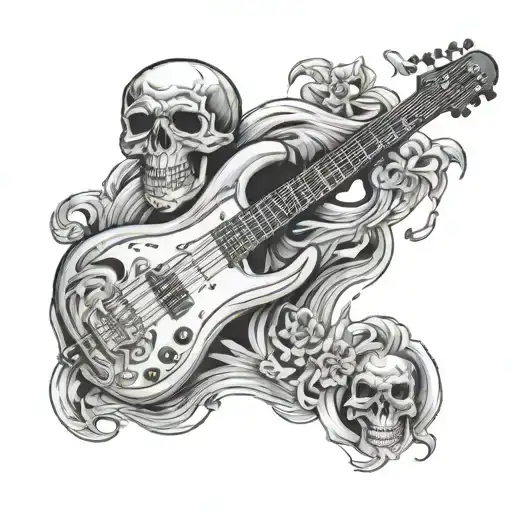 bass guitar and skull surrounded tattoo design idea