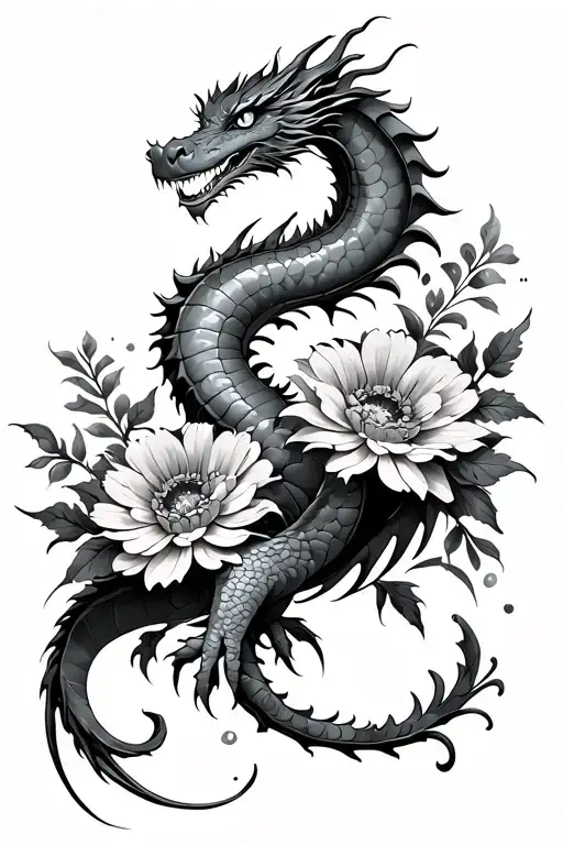 dragon and marigolds and cosmo flower tattoo design idea