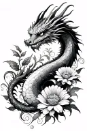 dragon and marigolds and cosmo flower tattoo design idea