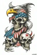 skull, eagle, and American flag intertwined tattoo design idea