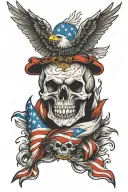 skull, eagle, and American flag intertwined tattoo design idea