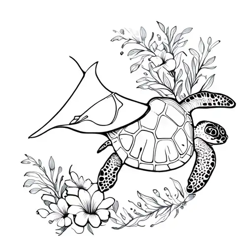 sea turtle and manta ray surrounded by tagimoucia and pride of barbados flowers tattoo design idea