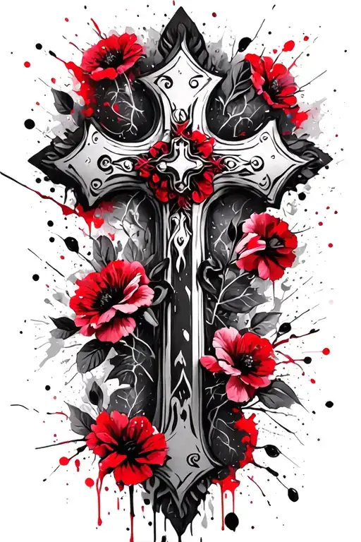 Gothic Cross with flowers tattoo design idea