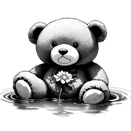 A teddy bear made of fabric that’s slightly torn, sitting in a pool of faint light. Its chest has a small bouquet of imp tattoo design idea