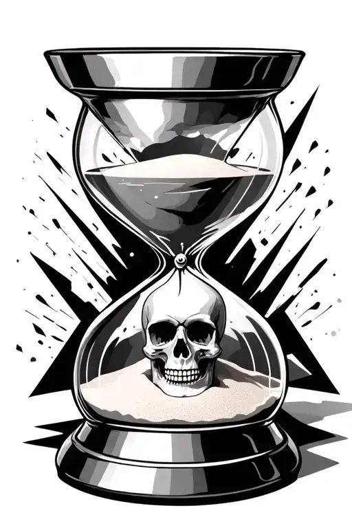 realistic hour glass with sand and skull at the bottom surrounded with geometric shapes tattoo design idea