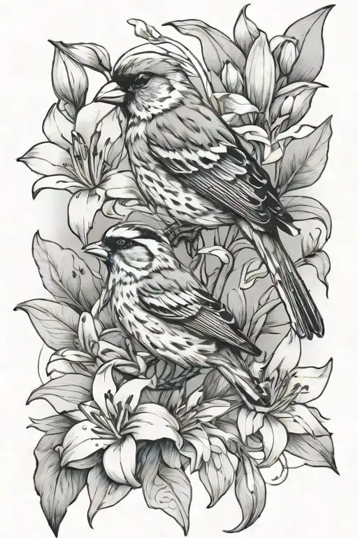 finch, lily flower, greenery leaves and branches tattoo design idea