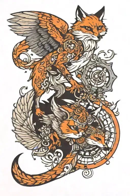 fox chasing owl flying tattoo design idea