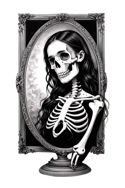 Beautiful woman who looks in the mirror and sees herself as a skeleton in realistic tattoo design idea