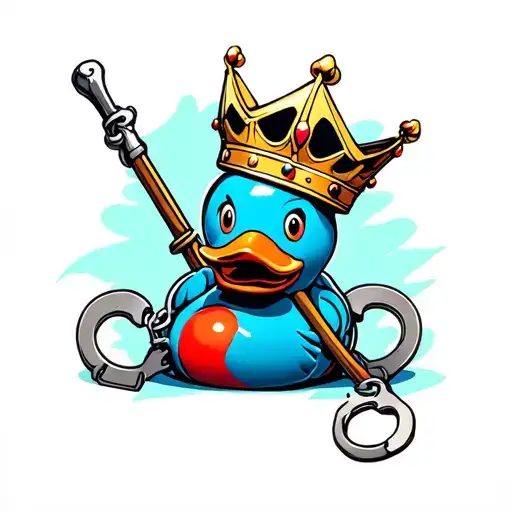 red rubber duck with kings crown handcuffs and A RIDING CROP  tattoo design idea