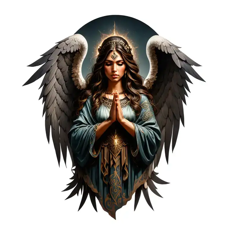 warrior woman with wings in prayer hands tattoo design idea