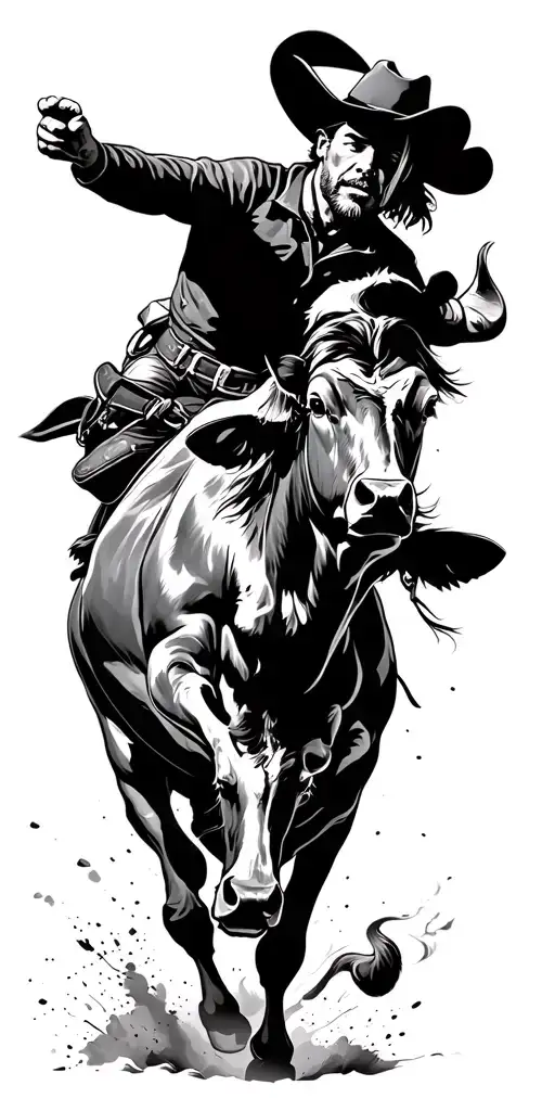 cowboy riding bull charging tattoo design idea