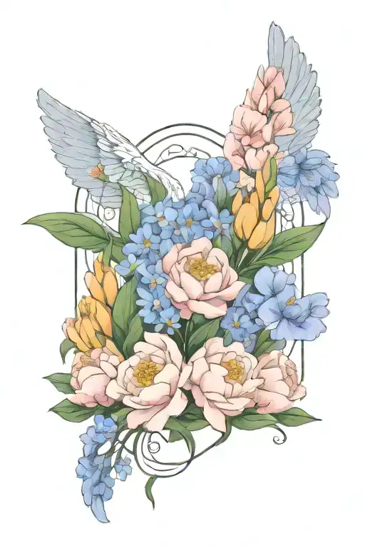 Angel wings surrounded by larkspur and peony flowers tattoo design idea