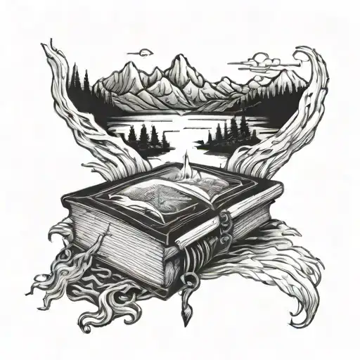 A tattoo of a mysterious book with a hidden compartment for secrets, surrounded by mountain peaks and a serene lake tattoo design idea