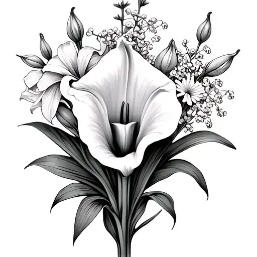 Calla lily Tulip Stargazer lily Baby’s breath snapdragon bouquet no shading tattoo design idea