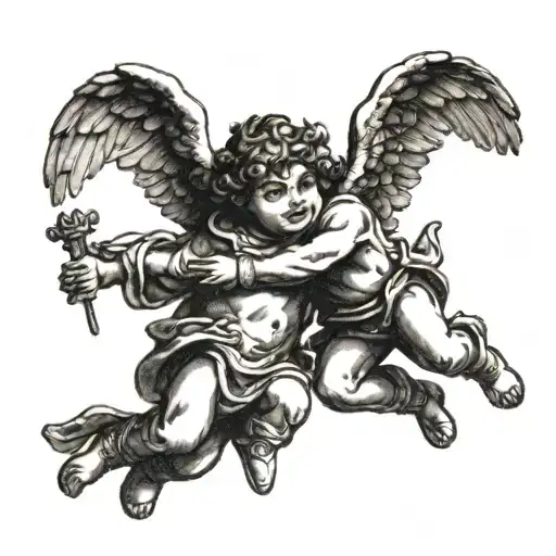 Two cherubs flying towards each other wearing ski masks  tattoo design idea