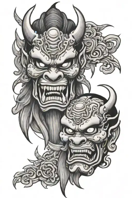 japanese oni mask split in half tattoo design idea