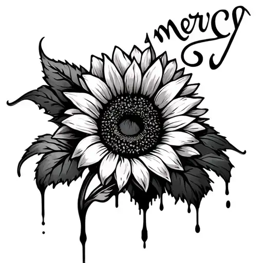 sunflower tattoo with the word mercy with blood dripping off the petals tattoo design idea