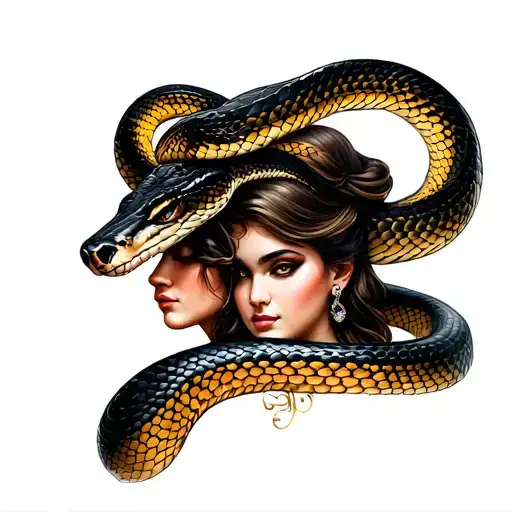 snake and lady face tattoo design idea