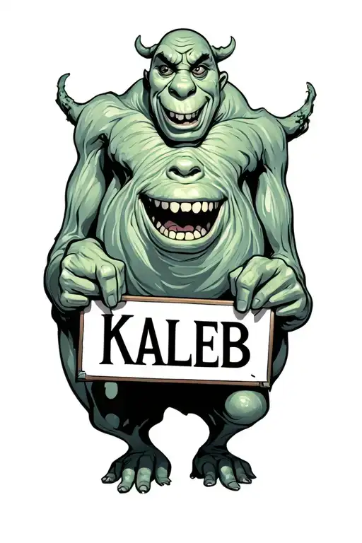 stream train and oogie boogie holding a sign saying KALEB tattoo design idea