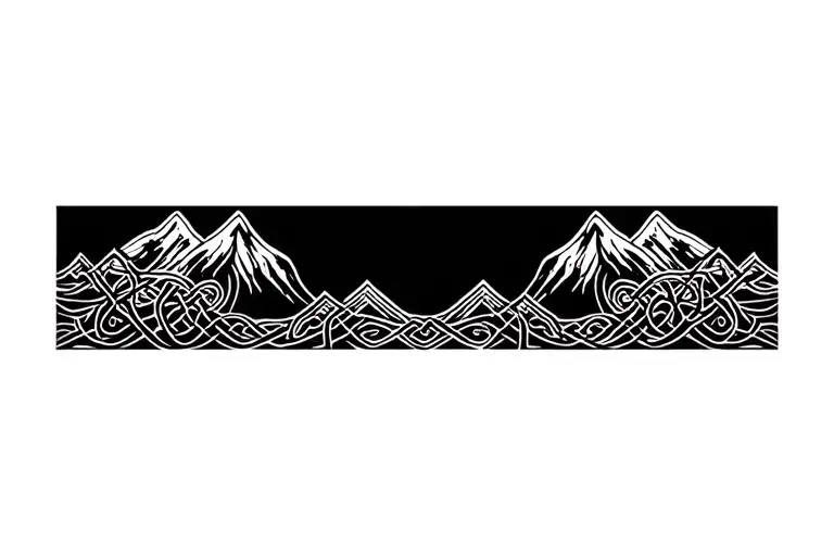 Celtic knot frame, mountains, crashing waves tattoo design idea