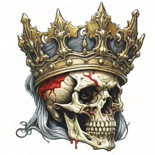 suicide king bloody skull wearing a big golden crown tattoo design idea