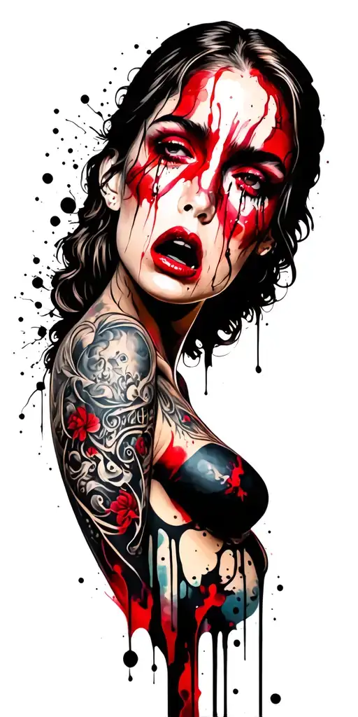 tattooed sexy angel crying face tattoo design idea