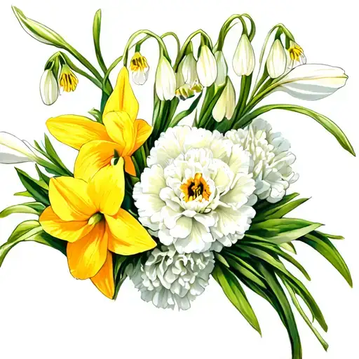 Snowdrop, carnation, and Daffodil bouquet wrapped tattoo design idea