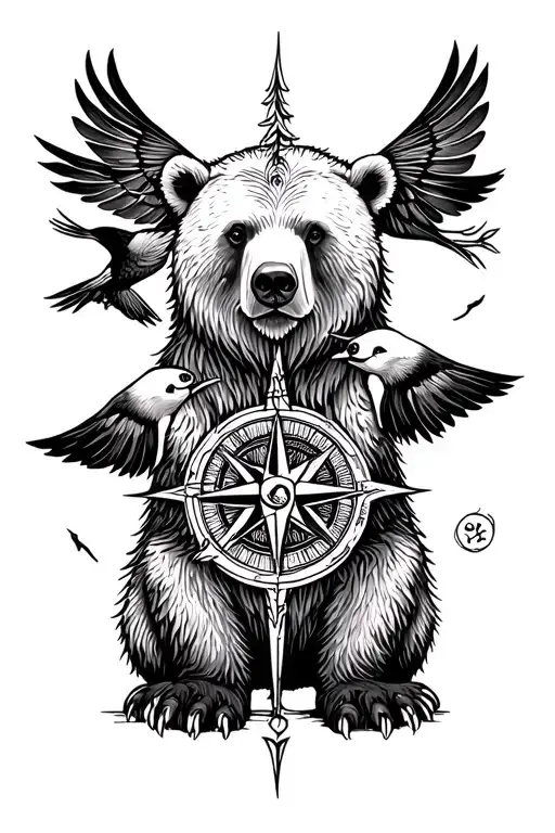 Bear, forest, compass, birds tattoo design idea