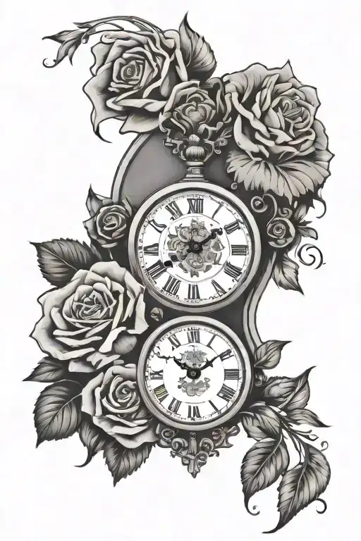roses, broken clock, cross, lion face tattoo design idea