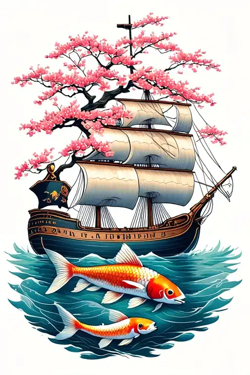 Sakura tree and piratee ship with koi fish swimming tattoo design idea